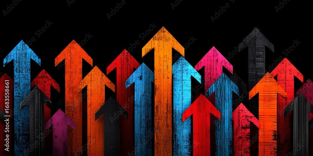 Poster row of colorful arrows pointing upwards. the arrows are of different colors and sizes, and they are 