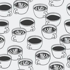Obraz premium Hand drawn seamless pattern of coffee cups. Doodle background with morning hot drink in sketch style. Vintage linear design for poster, print, wrapping paper, menu, wallpaper, fabric