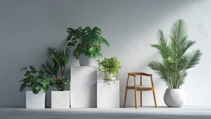 White room with various potted plants and a chair