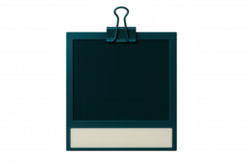 Vintage teal instant photo frame clamped by metallic binder clip, blank space ready for personalized content