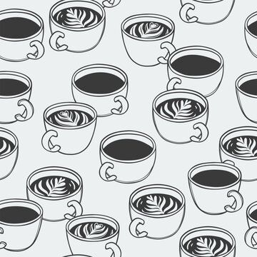 Hand drawn seamless pattern of coffee cups. Doodle background with morning hot drink in sketch style. Vintage linear design for poster, print, wrapping paper, menu, wallpaper, fabric