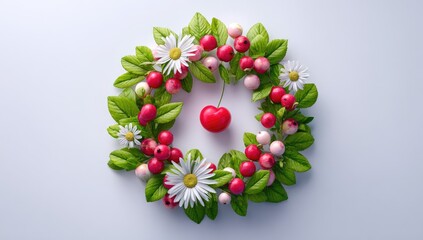 A circular wreath composed of vibrant green leaves, red and pink berries, and white daisies, encircles a single red cherry