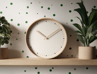 A light wooden shelf holds a round clock against a speckled backdrop. Two potted plants flank the clock