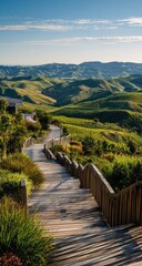Winding wooden stairs ascend through lush hills