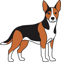  The background is pure white, providing a clean contrast to the foreground subject. The foreground features a single dog depicted in a pixel art style. 