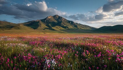 A vast, vibrant meadow of wildflowers blankets a valley, with a dramatic mountain peak rising in the background. Sunlight bathes the scene in warm hues, casting soft shadows on the rolling hills