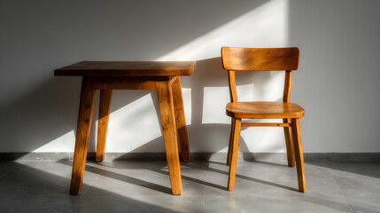 Wooden table and chair in a room with sunlight.