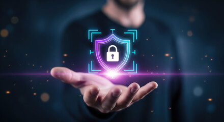 A cybersecurity concept with glowing shield, lock icon, and biometric scanning interface floating above open hand, symbolizing data protection, privacy, and secure technology solutions