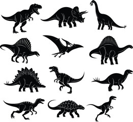 Collection of dinosaur silhouettes including T-Rex, Triceratops, Brachiosaurus, Stegosaurus, Pterodactyl, Ankylosaurus, prehistoric reptiles, ancient extinct animals set. © fmfahim creatives