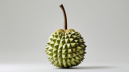 A stylized, geometric durians, rendered in a light, pale green, displays a complex pattern of triangular spikes on a light gray background.