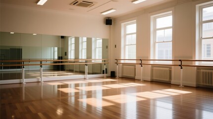 Fototapeta premium Empty dance studio with polished wooden floor, mirrors, and ballet bars. Sunlight streams in through large windows