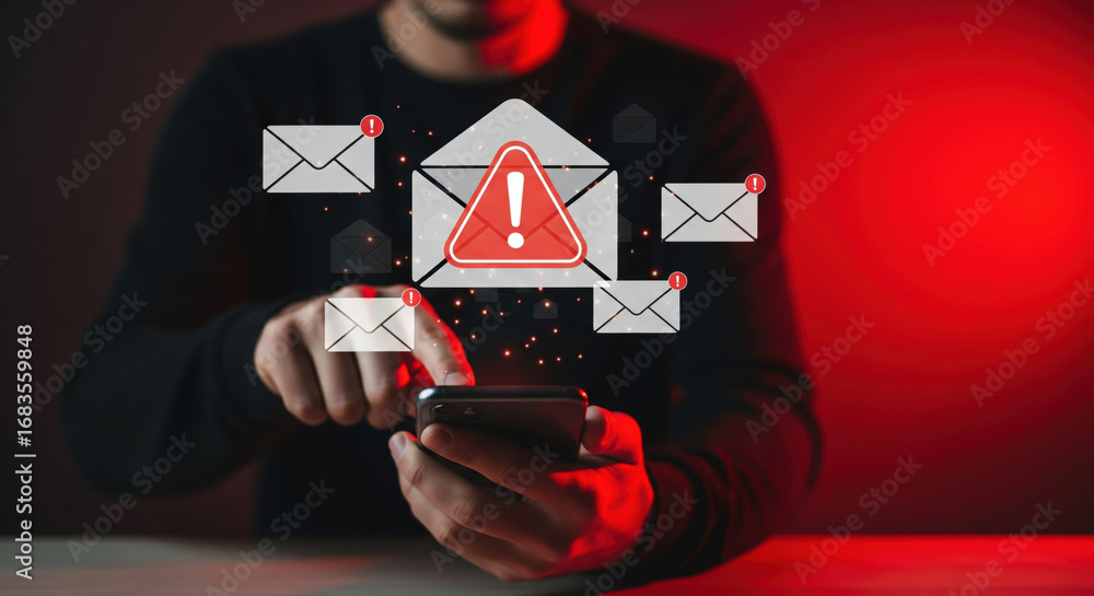 Poster an email warning alert notification, cybersecurity threat, phishing scam, and data breach concept wi