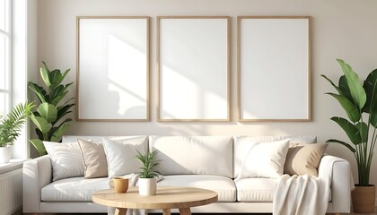 Three vertical blank wooden frames on a light wall above a modern white sofa in a minimalist living room with houseplants and natural sunlight