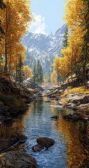 Autumnal mountain stream.  Golden foliage lines a tranquil creek flowing through a valley, reflecting the surrounding peaks and trees