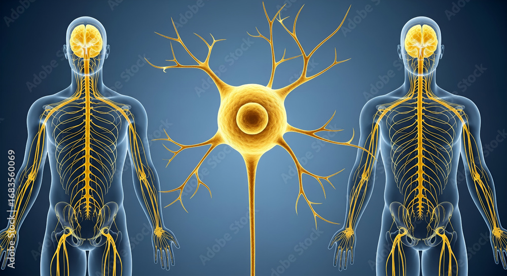 Poster human nervous system anatomy with central neuron and neural network connections
