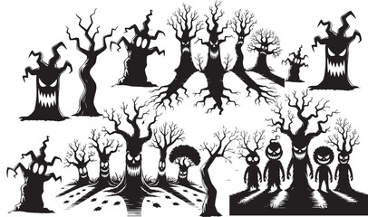 Spooky anthropomorphic trees with glowing eyes create a haunting forest scene