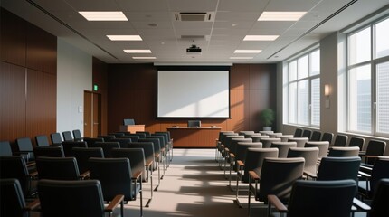 Fototapeta premium Empty conference room with rows of chairs, a large screen, and large windows