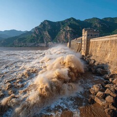 Powerful river surge at a dam.  Foamy, tan-colored water crashes against a stone dam, backdroped by green mountains