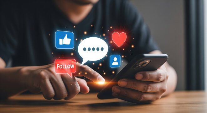 A person using smartphone with social media icons like heart, follow, like, and chat bubble, representing online interaction, digital communication, and social networking engagement