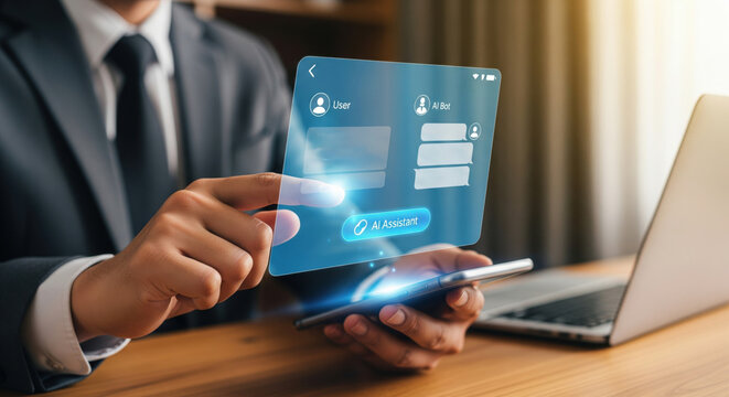 A man suit holding smartphone interacting futuristic digital hologram ai assistant chatbot technology innovation communication business modern virtual interface touchscreen artificial intelligence