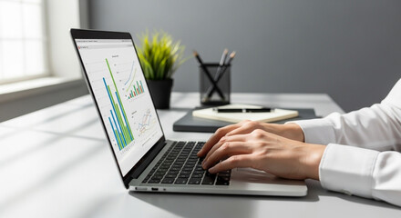 Fototapeta premium Hand interacting with laptop displaying data analysis charts