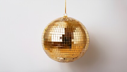 Obraz premium hanging golden disco ball on pure white background n party and celebration concept