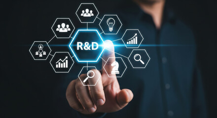A research and development concept with business strategy icons, innovation, technology, and growth, person touching virtual interface, modern digital background
