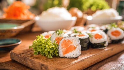 Freshly prepared sushi rolls on a wooden board.  Close-up, featuring salmon sushi,  rice, and vegetables.  Appetizing presentation on a rustic board