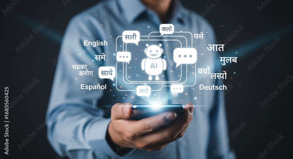 Poster an artificial intelligence chatbot concept with multilingual speech bubbles, glowing hologram interf