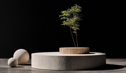 Minimalist display with a small tree and two spheres.  A light beige/cream colored circular podium rests on a dark surface.  A smaller, light-brown wooden disc sits on top of the podium. 