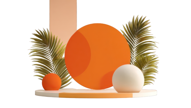 3D display podium with orange circle, palm leaves, and white spheres