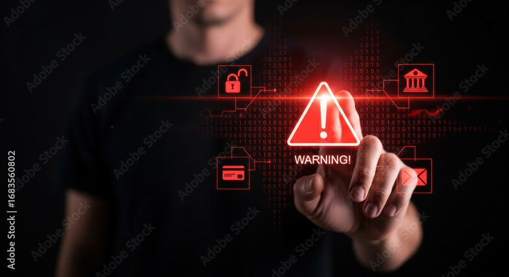 Poster a warning sign cybersecurity data protection digital security hacking alert internet safety risk tec