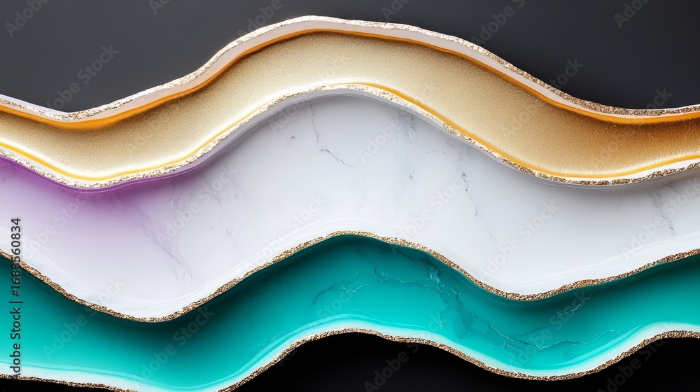 Poster series of colorful and shiny objects arranged in a wave-like pattern. the objects are made of glass 