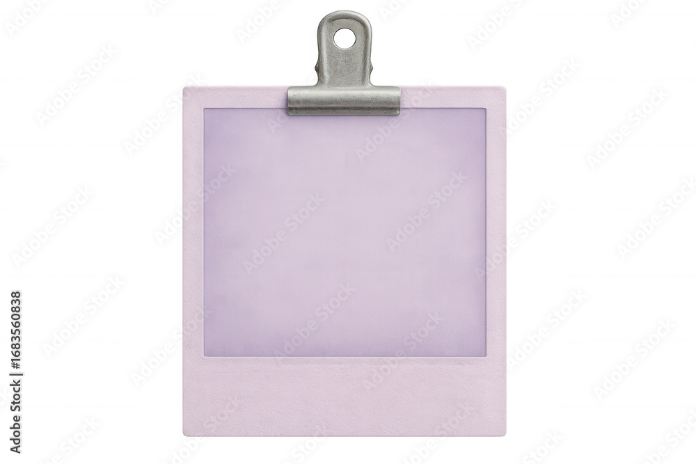 Poster purple instant photo frame hanging with a binder clip on a transparent background, creating a simple
