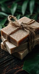 Stack of light brown handmade soaps tied with twine on a dark wooden surface with tropical leaves