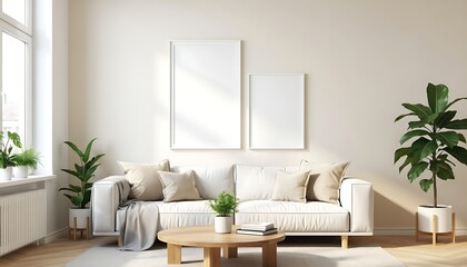 Minimalist Modern Living Room Interior Design with White Sofa, Natural Light, Potted Green Plants, and Blank Art Frames for Copy Space
