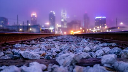Foggy city lights viewed from train tracks