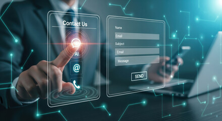 A contact us digital interface, business professional using artificial intelligence technology for online communication, futuristic customer support concept