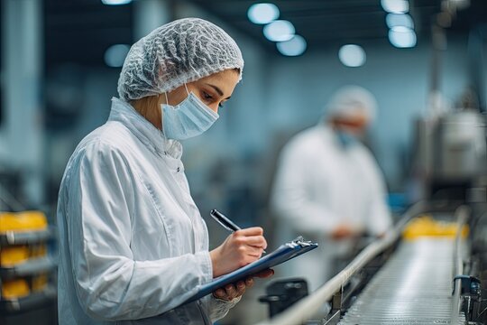 Food industry worker in protective gear inspecting production line.