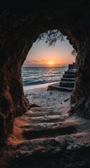 Sunset through a cave opening to a beach