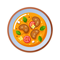 Illustration of hearty stew with vegetables in cartoon style