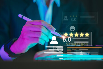 Hand holding stylus pointing at five-star customer rating on digital screen, symbolizing user experience, online reviews, satisfaction, and service quality improvement.