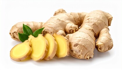 Fresh ginger root with textured skin knobby shape aromatic spice organic healthy food isolated on white background
