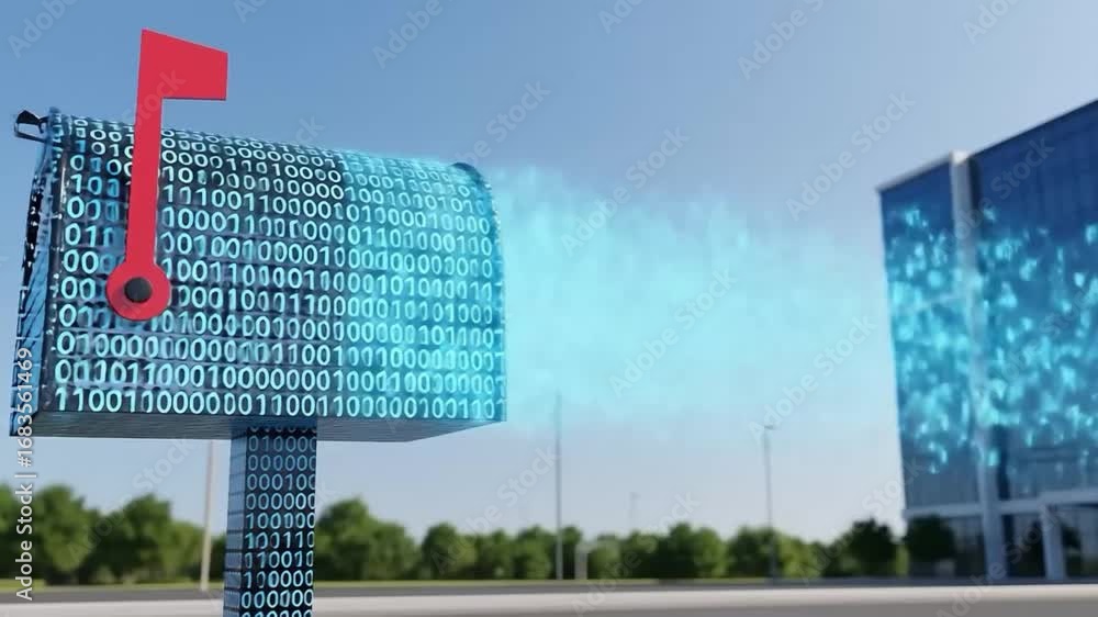 Aufkleber digital mailbox with binary code and modern building