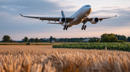 A plane approaches landing over a beautiful wheat field, illuminated by the warm glow of the setting sun and colorful clouds