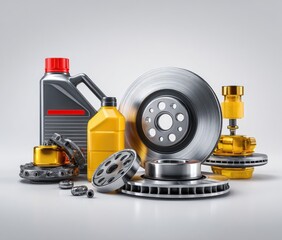 Assortment of automotive parts and fluids.  Gray and yellow containers, metal components, and various parts displayed on a light gray background