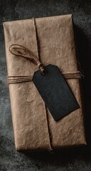 Rustic gift wrapped in kraft paper, tied with twine and a black tag
