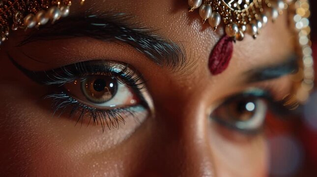 Closeup of indian woman eyes with bindi and jewelry