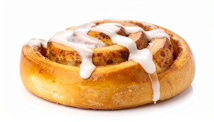 Golden baked cinnamon roll with icing swirl fluffy pastry sweet dessert isolated on white background
