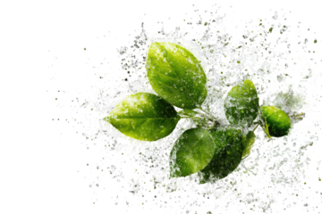 Green leaves in a snowy explosion